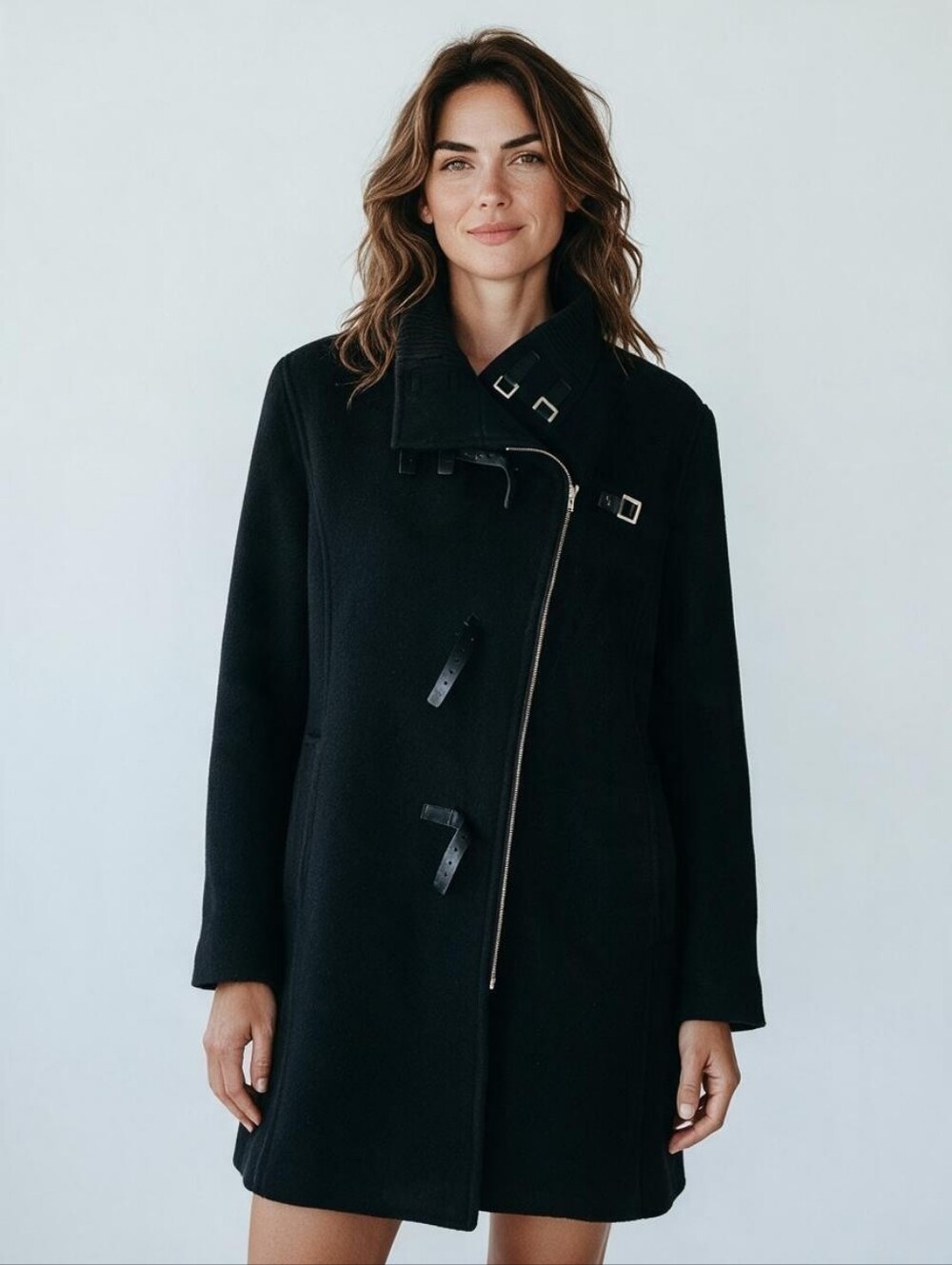 Black Wool-Blend Pea Coat with Buckle Collar